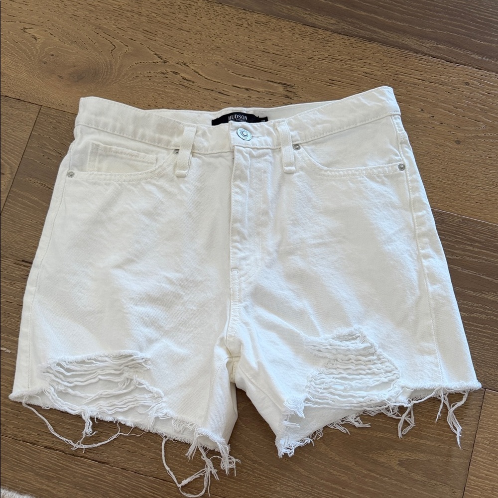 Hudson “Devon” Jeans White Distressed High-Rise Denim Shorts